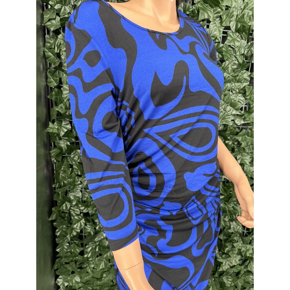 MILANO Royal BLUE & BLACK ABSTRACT LONG SLEEVE DRESS SZ M - Picture 3 of 11